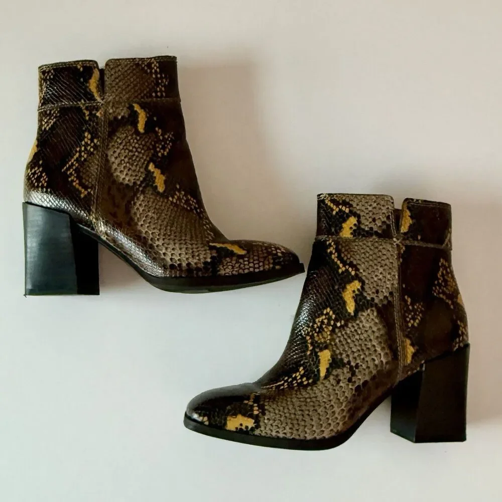 Franco Sarto Women's Size 7M Snake Print Leather Zip Ankle Bootie w/ Block Heel